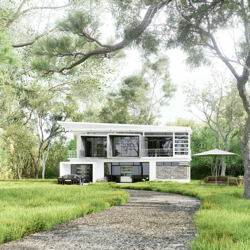 Elegant modern mansion surrounded by lush greenery with a luxury car in the driveway.